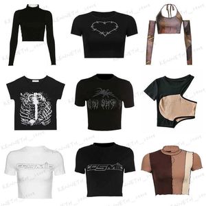 Kadın T-Shirt Rhinestone Y2K Seksi Punk Vintage Goth Siyah Tişört Yaz Giysileri Kadınlar Moda Üst O Yastık Kısa Kollu Tee Street Giyin T240129