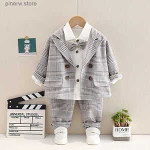 Giyim Setleri Sonbahar 0-5 yaşındaki bebek kafes uzun kollu beyefendi takım elbise erkekler moda papyon takım elbise ceket üç parçalı ziyafet ev sahibi resmi dres