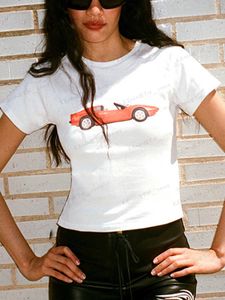 Kadın T-Shirt Araba Desen Baskı T-Shirt Kadınlar Yaz O Boyun Organik Pamuk İnce Kısa Kollu Tişört Kadın Gündelik Moda Tees Giysileri 2023 T240129
