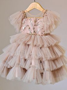 İnciler Boncuk Prenses Çiçek Kızlar Düğün İçin Yeni 4 Tutu Çok Katmanlı Mesh Brithday Party Çocuklar Resmi Giyim Toddler Glitz Törenler Pageant Elbise 403