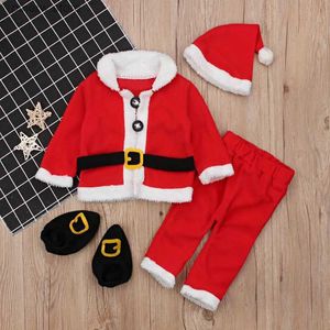 Giyim Setleri Yeni doğan erkekler Noel Kostüm Bebek Polar+ Pantolon+ Şapka+ Ayakkabı Peluş Peluş Noel Baba kıyafetleri 3-24m 4pcs/set