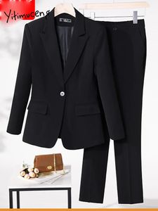 Yitimuceng Two Piece Sets Womens Outifits Office Ladies Single Button Turn Down Collar Blazers Solid Casual Pant Suits 240124