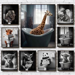 Картины Забавные животные в ванной плакат Жираф Слон Орангутанг Зебра Сидящая ванна Холст Картина Туалет Настенные художественные фотографии
