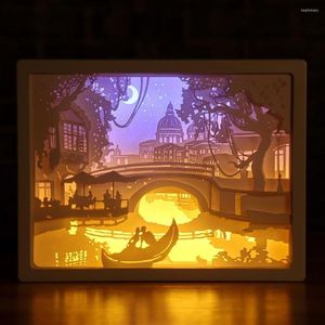 Luci notturne 2022 Est 3D Paper Carving Light LED Papercut Box Sculture Cornice regalo Lampada decorativa da tavolo254g
