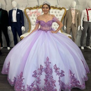 Açık mor payetli aplikeler dantel balo elbisesi quinceanera omuz kapalı corset vestidos de 15 anos doğum günü partisi pageant