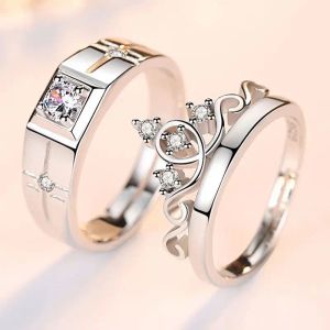 Luxo zircão casal emparelhado 14k anéis de ouro branco para mulheres homens flor coroa proposta promessa ajustável anéis casamento aniversário jóias