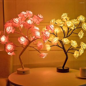 Gece Işıkları 24 Led Gül Çiçek Ağacı USB Masa Lambası Peri Akçaağaç Yaprak Işık Evi Noel Düğün Yatak Odası Dekorasyon Hediyesi