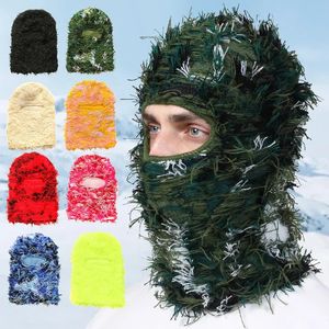 Camouflage Balaclava Distressed Knitted Full Face Ski Mask Hip Hop Unisex Outdoor Fleece Beanies Winter Caps 240124