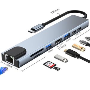 Концентратор USB 3.0 8 в 1 для адаптера для ноутбука, ПК, компьютера, PD, зарядное устройство 100 Вт, 8-портовая док-станция, RJ45, HDTV, TF/SD-карта, разветвитель для ноутбука типа C