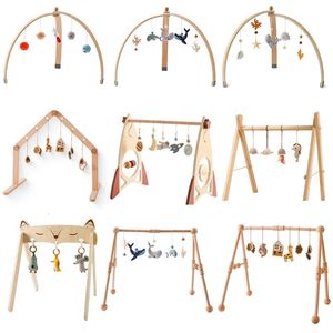 1set Baby Wooden Play Gym Mobile Hanging Sensory Toys Rocket Rattle Activity Toys Foldable Play Gym Frame Room Decorations Toy 240129