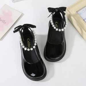 Autumn Girl Glossy Leather Shoes Children Princess Back Bowknot Beading Single Shoes Kid School Solid Black Dance Mary Janes 240124
