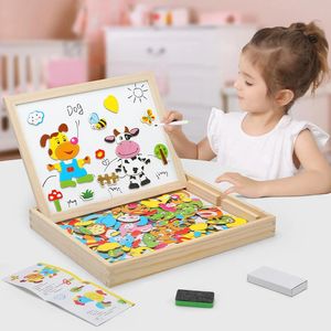110Pcs Wooden Multifunction Children Animal Puzzle Writing Magnetic Drawing Board Blackboard Learning Education Toys For Kids 240124