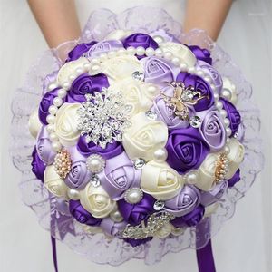 Büyük mor gelin düğün buket inci nedime yapay çiçekler buque de noiva elmas buketler evlilik hediyesi w2801312v