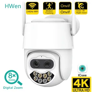 Hwen 4K Çift Lens WiFi Güvenlik Kameraları 8x Hibrid Zoom 8MP HD ICSEE PTZ IP CCTV Alarm Cam Video Gözetleme Kamerası