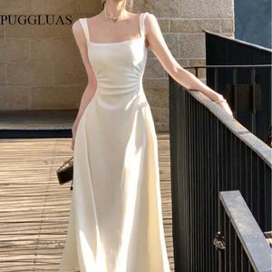 Temel gündelik elbiseler 2023 yaz akşam partisi beyaz midi elbise ofis kadınları ultra ince seksi kolsuz omuz askısı elbise plaj tarzı kadın tek parça elbise Kore