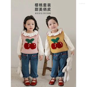 Giyim Setleri Kızlar Kiraz Seti Sonbahar Çocuk Tatlı Örme Yelek Bebek Gömlek Kot
