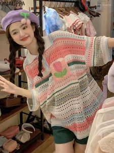 Kadınların Sweaters Onalippa Örme Kontrast Çizgili Tişört Tatlı Dönüşü Yatak Çıkışı Out Gevşek Kazak Kore Moda Şık Tasarım