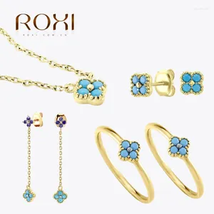 Stud Küpe Roxi S925 STRING Gümüş Turkuaz Şeffaf Zirkon Petal Şeklinde Takı Set Parmak Yüzükleri Kadınlar için Kolczyki