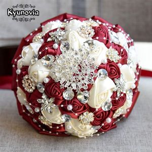 Kyunovia Burgundy Brooch Buket Fildişi Gelin Buketleri De Mariage Yapay Kristal Düğün Çiçekleri Buque De Noiva 4 Renkler FE86242S