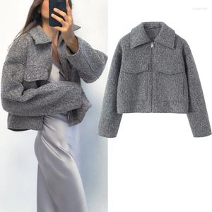 Kadın Ceketleri Trafiğe Gri Kırpılmış Ceket Kadın için 2024 Moda Yakası Uzun Kollu Jackes Şık Yama Cep Metal Zip Katlar Kadınlar Sıcak