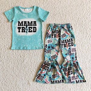 Комплекты одежды Mama Tried, одежда для маленьких девочек, с короткими рукавами, рубашка в стиле вестерн с бычьим черепом, брюки-клеш, комплект одежды для малышей, комплект ко Дню матери