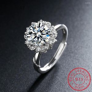 Küme halkaları gerçek moissanite lüks güneş çiçek yüzüğü 2 elmas lotus kadın süslü düğün gümüş takı