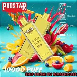 Avrupa deposu otantik almazaj podstar altın tüp 10k puflar 18 ml önceden doldurulmuş tek kullanımlık vape örgü bobin 650 mAh pil tipi C şarj edilebilir karışım lezzetleri