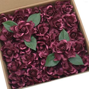 Dekoratif Çiçekler D-Yevil Yapay 25 PCS Düğün Buketleri için Köklü Marsala Gardenias Masa Merkez Parçası Gelin Duş Kek Dekoru
