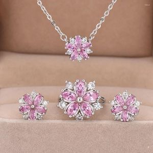 Brincos de colar Conjunto de joias de jóias rosa Cristal Snowflake Brincho