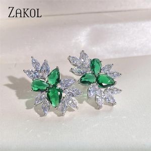 Stud Küpe Zakol Lüks Yeşil Zirkonya Yaprak Sarı Kristal Zirkon Küpe Partisi Takımları Kadınlar İçin