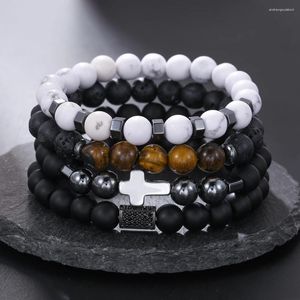 Charme Pulseiras 4 pçs/set Homens Natural Turquesa Olhos de Tigre Hematita Pedra Cruz Beads Pulseira Jóias Cubic Zircon Encantos Atacado