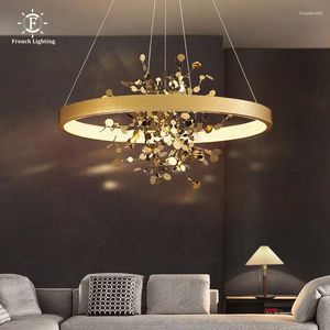 Kolye lambaları Modern Altın Tavan Avizesi Yemek Odası Bakır Yuvarlak Yüzük Işıkları Bez Mağazası Kahve Dekoru