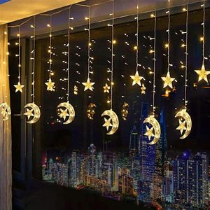 Pil tarafından işletilen 2 5m 138leds Moon Star Perde Dize Işıkları Ramazan Dekorasyonları Çelenk Lambası Noel Partisi Düğün Y200903297Z