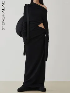 İş elbiseleri shengpalae moda kadın 2 adet setler düzensiz basit tam kol üstleri düz renkli bükülme tasarımı etek sonbahar 2024 5R5119