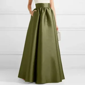 329 Юбки Длинная юбка-халат Элегантный винтажный атласный макси с карманами с высокой талией для женщин Трапеция длиной до пола Sol