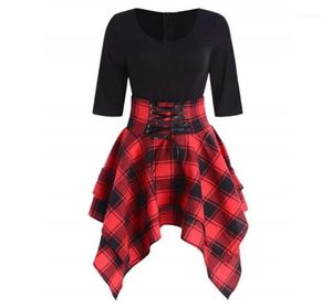 Günlük elbiseler yaz kadınlar ekose baskı elbise bayanlar oneck dantel yukarı tartan yarım kollu kadın asimetrik mini sundress5698486