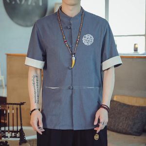 Homens Camisetas Estilo Étnico Tradicional Camisa Hanbok Fino Bordado Tops Chinês Retro Artes Marciais Roupas Kung Fu Uniforme