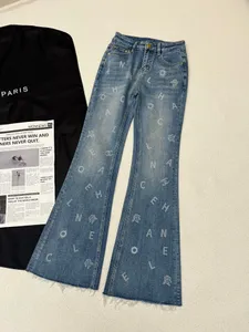 2024 novas calças de brim femininas luxo cintura alta carta padrão jeans mulher elegante estilo retro perna larga casual calças jeans