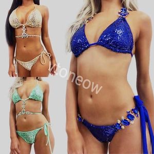 Bikini Crystal Rhinestones Glitter Diamond Gems Mayo Kadın Bikini Set Plaj Mayo Takım Mayo Push Up Brezilya Takım S-XL