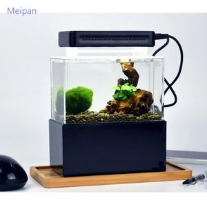 Портативный мини-аквариум для рыбок Betta, настольные украшения, морская аквапоника, миска для рыб с водным Fliter, USB-воздушный насос, светодиодный свет 240219