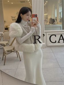 Kürk Kore tarzı beyaz peluş yelek kadınlar sonbahar kış retro dikiş ağır sahte tilki ceket kısa yelek ceket yeleği 2023 yeni