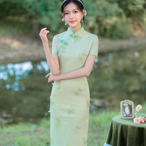 Etnik kıyafetler Yourqipao yaz 2024 Geliştirilmiş Cheongsam Genç Dantel Yeşil Tatlı Nazik Etek Qipao Çin tarzı gece elbisesi ziyafet