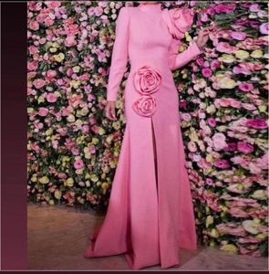 Sıradan Elbiseler Suudi Arabistan Pembe Zarif Akşam Çiçekler Uzun Kollu Parti Elbisesi Denizkızı Saten Resmi Zemin Uzunluğu Kadın Balo Kıyafetleri