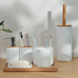 Tutucular Bambu Sabun Dispenser Diş Fırçası Tutucu Banyo Aksesuarları Set Modern Ev Banyo Odası Tedarik Duş Jel Bulaşık Sabun Raf Kupası