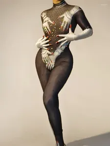 Sahne Giyim Parlak Pullar Siyah Eller Baskılı Tulum Eldivenleri Seksi Performans Kostüm Şarkıcı Dansçı Gösteri Partisi Doğum Günü Kıyafet