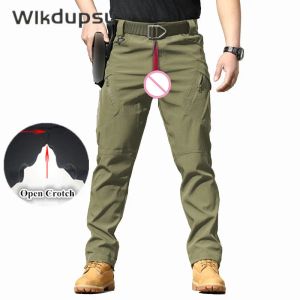 Pantolon açık seks görünmez çift fermuarlar açık kasık taktik pantolonlar streç askeri çoklu cep işleri erkek pantolon giysileri