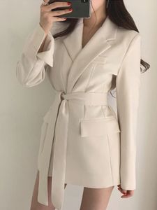 Деловой шикарный пиджак, женская куртка, женская одежда, осень-зима, средней длины, пальто с длинными рукавами, однотонные женские топы на шнуровке 240226