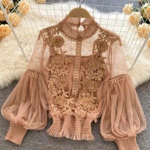 Dantel puf uzun kollu bluz vintage moda bluz zarif femme blusas Koreli kadın üstleri kadın gömlek giyim damla 240219