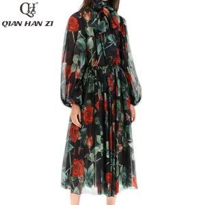 Elbise qian han zi tasarımcı moda şifon elbise eşarp yaka vintage gül baskı yüksek zarif tatil midi elbise kadınlar bahar/yaz