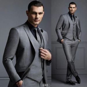 Suits Yeni Gri Men Suit Damat Takım Ucuz Resmi Adam Düğün için En İyi Erkekler İnce Fit Damat Smokin (Ceket+Yelek+Pantolon)